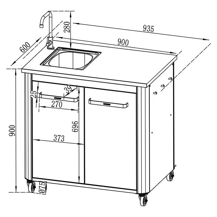 Cozze Outdoorküchen-Modul Spüle - Schwarz, B x T x H: 93,5 x 67 x 90 cm - Abbildung eines Waschbeckens mit Unterschrank. Das Produkt hat die Maße 935 x 600 x 900 mm und ist für den Einsatz in der Gastronomie konzipiert.