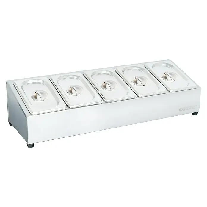 Cozze Toppingstation - Edelstahl, B x T x H: 60 x 20 x 15 cm - Eine Cozze Bain Marie mit fünf Behältern und dazugehörigen Deckeln, ideal zum Warmhalten von Speisen bei Veranstaltungen.