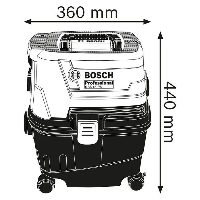 Bosch Professional Elektro-Nass- & Trockensauger GAS 15 PS - 1.100 W, Behältervolumen: 10 l - Abbildung des Bosch GAS 15 PS Professional Nass-/Trockensaugers mit den Abmessungen 360 mm Breite und 440 mm Höhe.