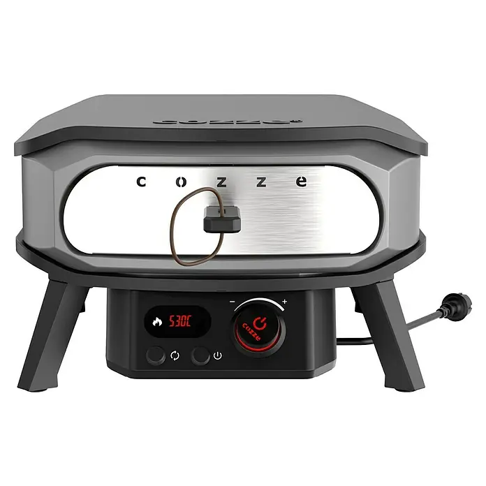 Cozze Pizzaofen Elektro Premium 13" - Grillfläche (B x T): 34 x 34 cm, 2,2 kW - Nahaufnahme eines Cozze Pizzaofens mit Temperaturanzeige.