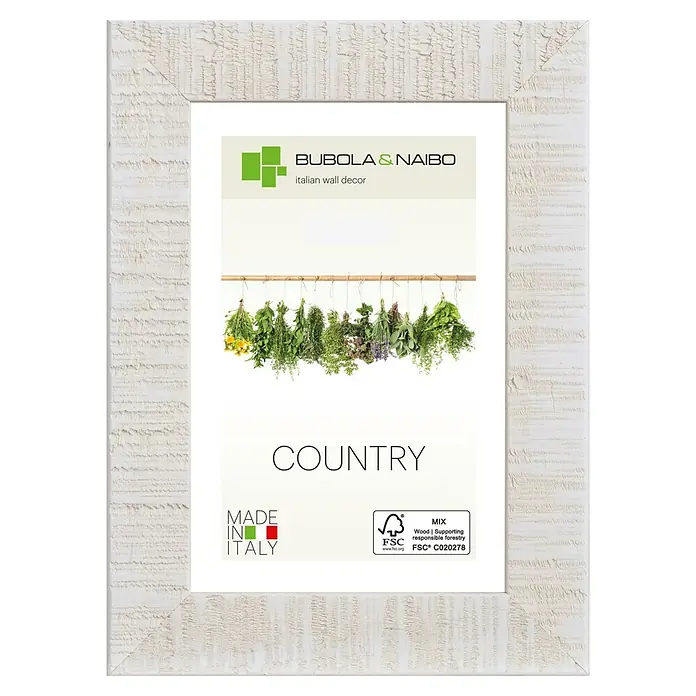 Bubola & Naibo Holzrahmen Anny - 60 x 80 cm, Weiß - Ein rechteckiger Bilderrahmen mit dem Aufdruck "Country" und Kräutern, ideal für die Wanddekoration.