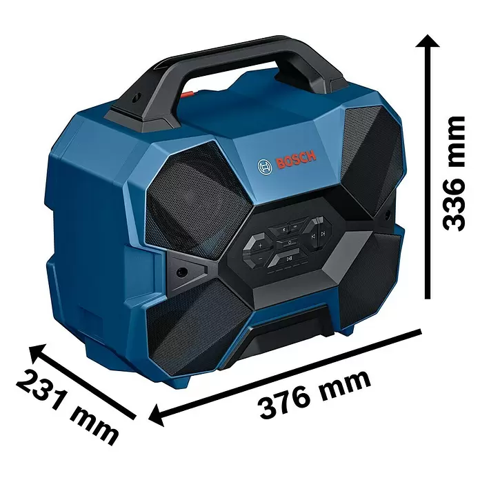 Bosch Professional AMPShare 18V Bluetooth-Lautsprecher GPB 18V-6 C - 18 V, Ohne Akku - Blau-schwarzes Bosch Baustellenradio mit Griff, Bedienfeld und Lautsprechern, Maße 376x231x336 mm.