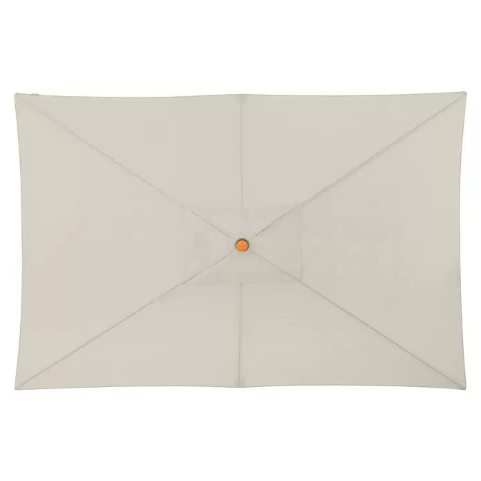 Doppler Marktschirm rund myZone Push Up - Natur, Durchmesser Bespannung: 300 cm - Rechteckiges, cremefarbenes Sonnenschirmdach von oben, mit zentralem orangefarbenen Knopf und strahlenförmigen Nähten.