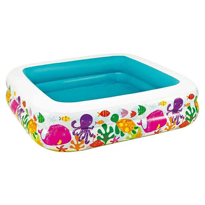 Intex Piscina hinchable Sun Shade - 157 x 157 x 122 cm, Capacidad volumétrica: 295 l - Imagen de una piscina infantil inflable cuadrada con motivos submarinos y un interior azul.