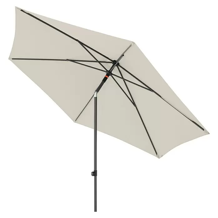 Doppler Marktschirm rund myZone Push Up - Natur, Durchmesser Bespannung: 300 cm - Rechteckiger, cremefarbener Sonnenschirm mit dunkelgrauem Gestell und Stange, von unten gesehen, mit orangefarbenem Akzent.