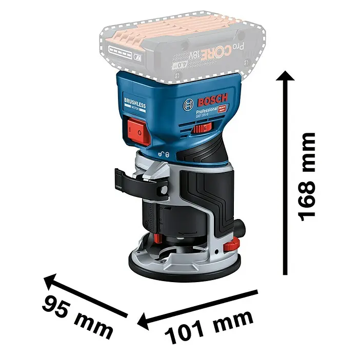 Bosch Professional AMPShare 18V Akku-Kantenfräser GKF 18V-8 - 18 V, Ohne Akku, 10.000 U/min - 30.000 U/min - Abbildung eines Bosch Professional GKF 18V-8 Akku-Kantenfräse mit Abmessungen, die seine kompakte Bauweise hervorheben.\n