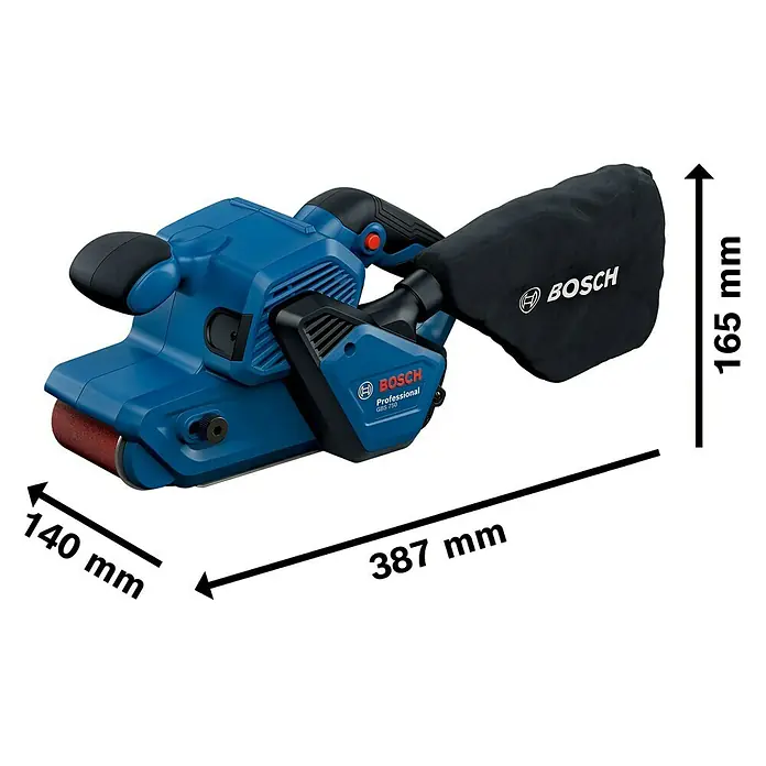 Bosch Professional Elektro-Bandschleifmaschine GBS 750 - 850 W - Bild einer blauen Bosch GBS 750 Professional Bandschleifmaschine mit den Maßen 140 x 387 x 165 mm.