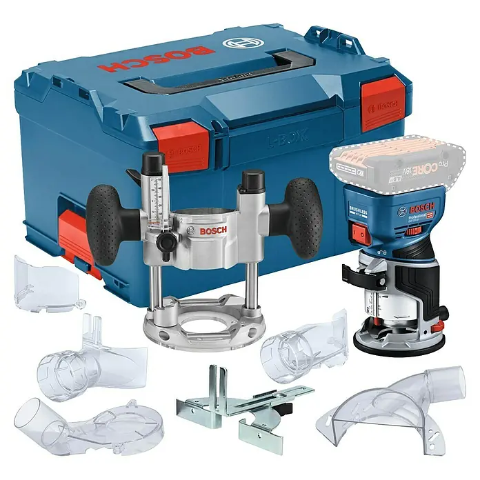 Bosch Professional AMPShare 18V Akku-Kantenfräser GKF 18V-8 - 18 V, Ohne Akku, 10.000 U/min - 30.000 U/min - Das Bild zeigt ein Bosch-Fräsen-Set mit Zubehör und einem blauen L-Boxx-Koffer, ideal für professionelle Holzarbeiten.