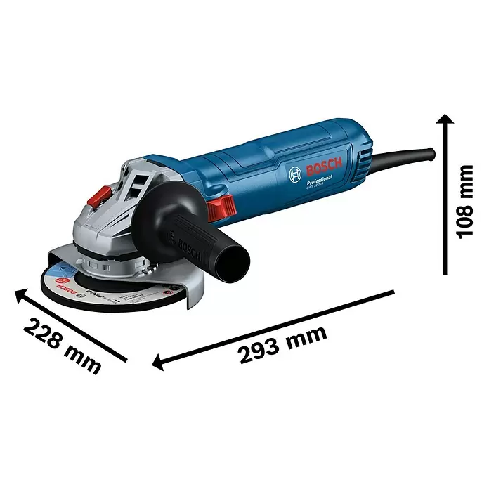 Bosch Professional Elektro-Winkelschleifer GWS 12-125 - Durchmesser Scheibe: 125 mm, Leerlaufdrehzahl: 11.000 U/min - Blau-silberner Bosch Professional Winkelschleifer mit schwarzem Griff und Schutzhaube, mit Längen-, Breiten- und Höhenmaßen.