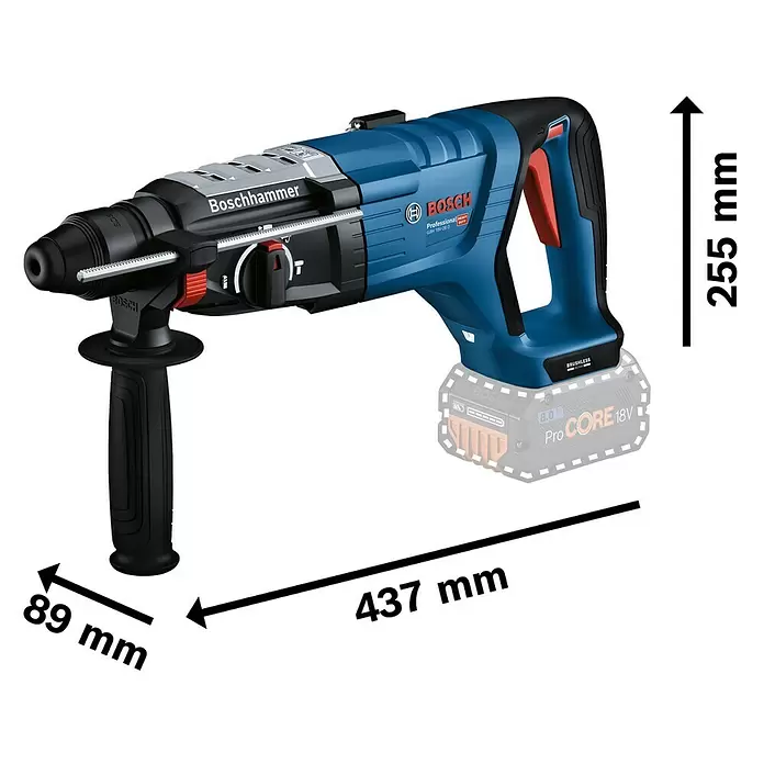 Bosch Professional AMPShare 18V Akku-Bohrhammer GBH 18V-28 D - 18 V, Ohne Akku - Blauer Bosch Akku-Bohrhammer mit Maßen: 437 mm lang, 255 mm hoch, 89 mm Griffbreite.