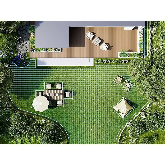 Ecovacs Goat Mähroboter O800 RTK - 800 m², Schnittbreite: 22 cm, Satellitengestützte Navigation, RTK - Draufsicht eines Gartens mit Rasen, Terrasse und verschiedenen Sitzbereichen, umgeben von üppigem Grün, umrahmt von einem blauen Gitternetz.