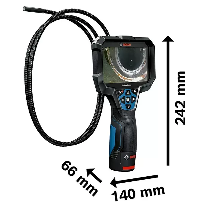 Bosch Professional Inspektionskamera GIC 12V-5-27 C - 12 V, Ohne Akku, Batteriebetrieben - Bosch Profi-Inspektionskamera mit schwarzem und blauem Griff, flexiblem Kabel und Display, das ein Rohrbild zeigt. Maße: 242x140x66 mm.