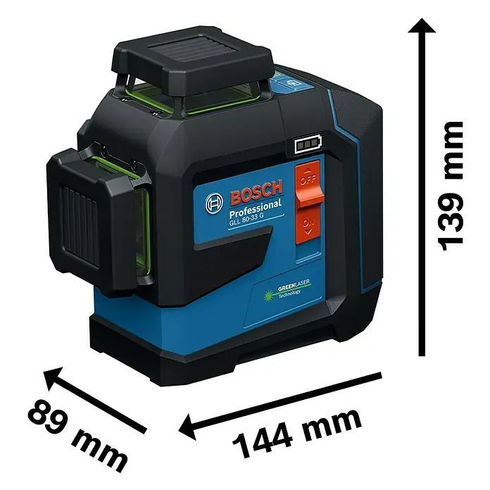 Bosch Professional Linienlaser GLL 80-33 G - 5 -tlg., Max. Arbeitsbereich: 0 m - 30 m - Bild einer Bosch GLL 80-33 G Professional Akku-Linienlaser mit den Abmessungen 89 mm, 144 mm und 139 mm.