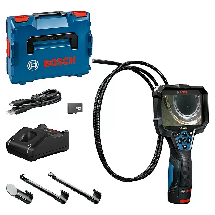 Bosch Professional Inspektionskamera GIC 12V-5-27 C - 12 V, 1 Akku, Akkubetrieben - Bosch professionelles Inspektionskamera-Kit mit blau-schwarzem Handgerät, flexiblem Kamerakabel, blauem Koffer, Ladegerät, USB-Kabel, SD-Karte und Zubehör.