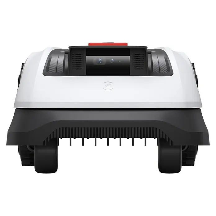 Ecovacs Goat Mähroboter O800 RTK - 800 m², Schnittbreite: 22 cm, Satellitengestützte Navigation, RTK - Frontansicht eines weißen und schwarzen Robotermähers mit Sensorleiste und Rädern.