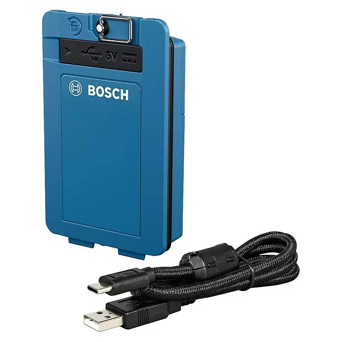 Bosch Professional Akku BA 3.7V 3.0Ah XL - 3,7 V, 3 Ah, Passend für: Linienlaser GLL 80-33 G/ GLL 20-22 G - Blaues Bosch-Gerät mit 5V USB-Ausgang und ein aufgerolltes schwarzes USB-A-zu-USB-C-Kabel.