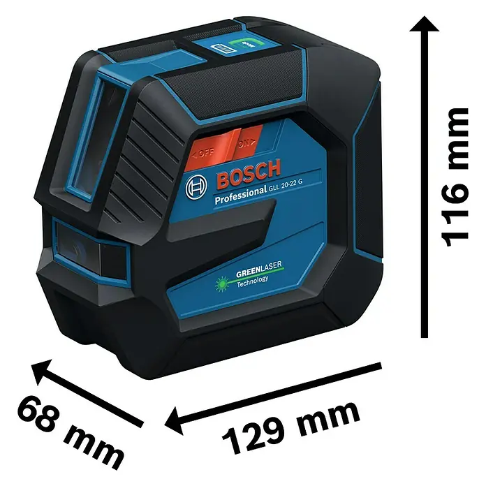 Bosch Professional Linienlaser GLL 20-22 G - Max. Arbeitsbereich: 20 m, Nivellierbereich: ± 0,3 mm/m, 5 -tlg. - Abbildung des Bosch GLL 20-22 G Professional Linienlaser mit Maßangaben.
