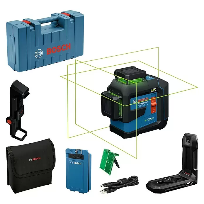 Bosch Professional Linienlaser GLL 80-33 G - 8 -tlg., Max. Arbeitsbereich: 0 m - 30 m - Bosch Professional GLL 80-33 G Grünlaser-Nivelliergerät-Kit mit blauem Koffer, Tasche, Ladegerät und Halterungen.