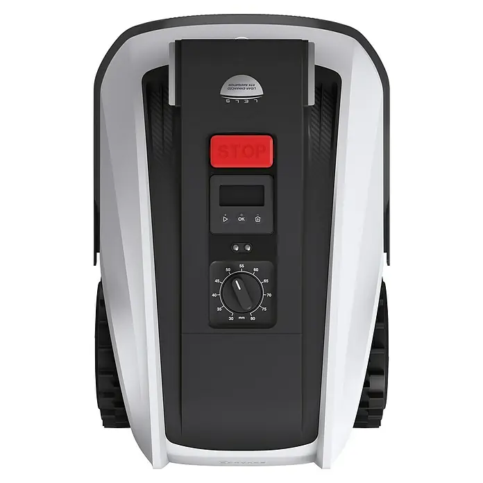 Ecovacs Goat Mähroboter O800 RTK - 800 m², Schnittbreite: 22 cm, Satellitengestützte Navigation, RTK - Nahaufnahme eines ServEase Robotermähers, der die Bedienelemente und das Design des Geräts hervorhebt.