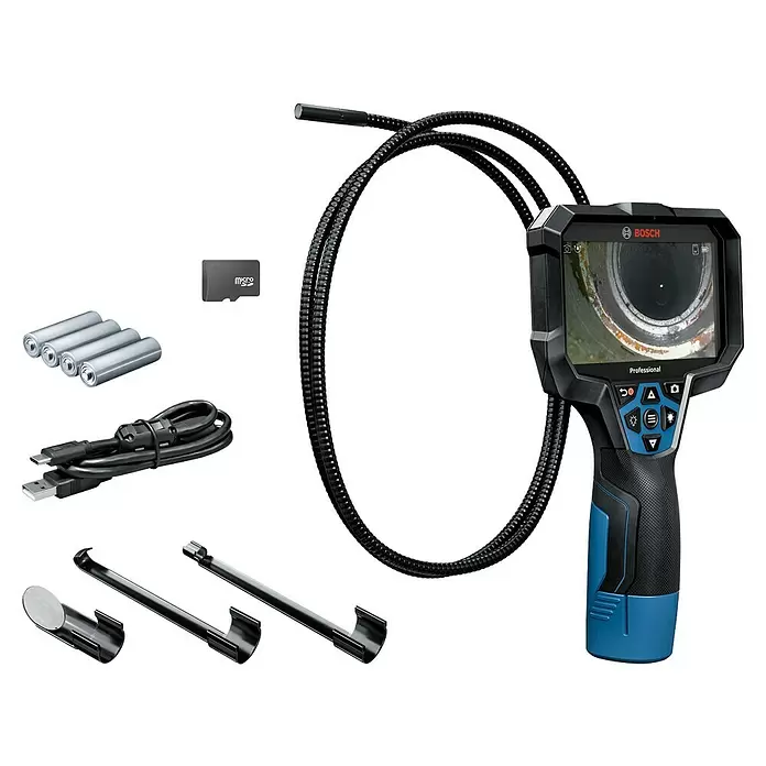 Bosch Professional Inspektionskamera GIC 12V-5-27 C - 12 V, Ohne Akku, Batteriebetrieben - Bosch Profi-Inspektionskamera-Kit in Schwarz/Blau mit flexibler Sonde, Micro-SD-Karte, Batterien, USB-Kabel und Zubehör.