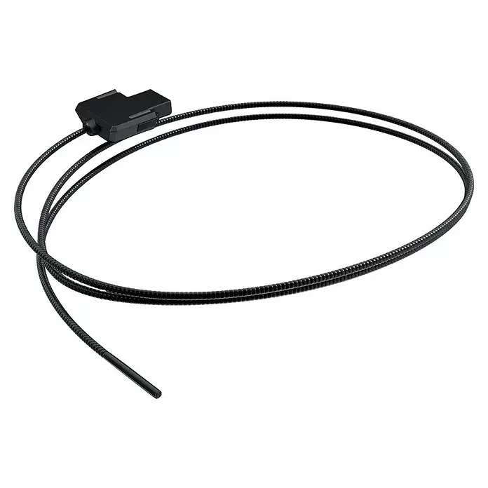 Bosch Professional Endoskopkamera GIC 4/5 Imager - Länge Schwanenhals: 150 cm, Durchmesser Kamerakopf: 3,9 mm - Schwarzes, flexibles geripptes Kabel mit einem Stecker an einem Ende und einer schlanken Sondenspitze am anderen.