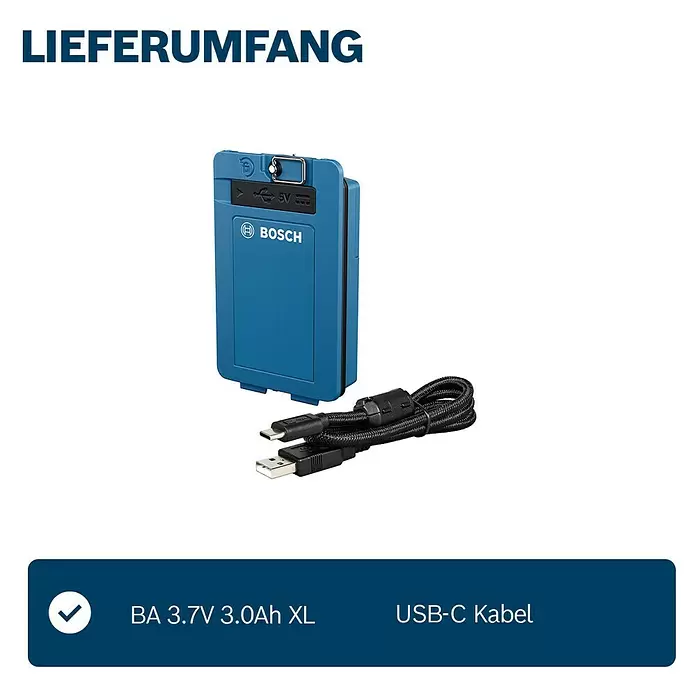 Bosch Professional Akku BA 3.7V 3.0Ah XL - 3,7 V, 3 Ah, Passend für: Linienlaser GLL 80-33 G/ GLL 20-22 G - Blaues Bosch Powerbank/Adapter und ein schwarzes USB-C Kabel.