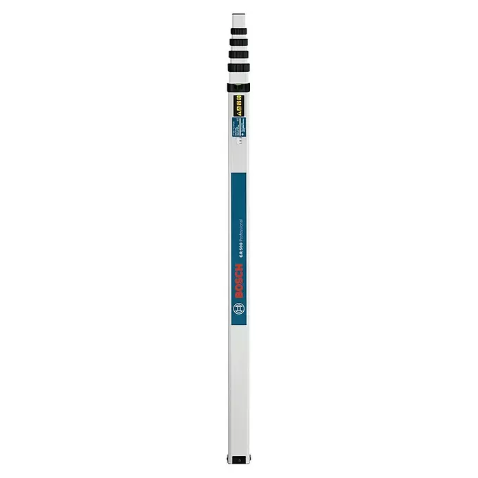 Bosch Professional Messlatte GR 500 - Arbeitshöhe: 5 m, Ohne Zubehör - Weißer Bosch GR 500 P Professional Nivellierstab mit schwarzen Segmenten und blauem Etikett zur präzisen Höhenmessung.