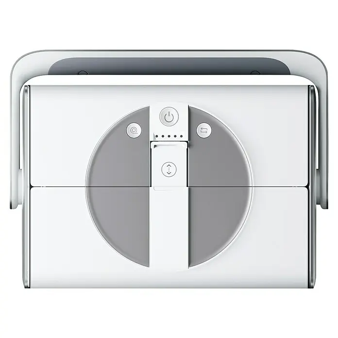 Ecovacs Fensterreinigungsroboter Winbot W2 Pro Omni SET - Tankvolumen: 60 ml, Akkulaufzeit: 110 min, Inkl. 1 l Ecovacs Winbot Cleaning Solution - Draufsicht eines weißen Wischroboters mit runder, grauer Bedienelementen und einem Griff oben, ideal für die Bodenreinigung.