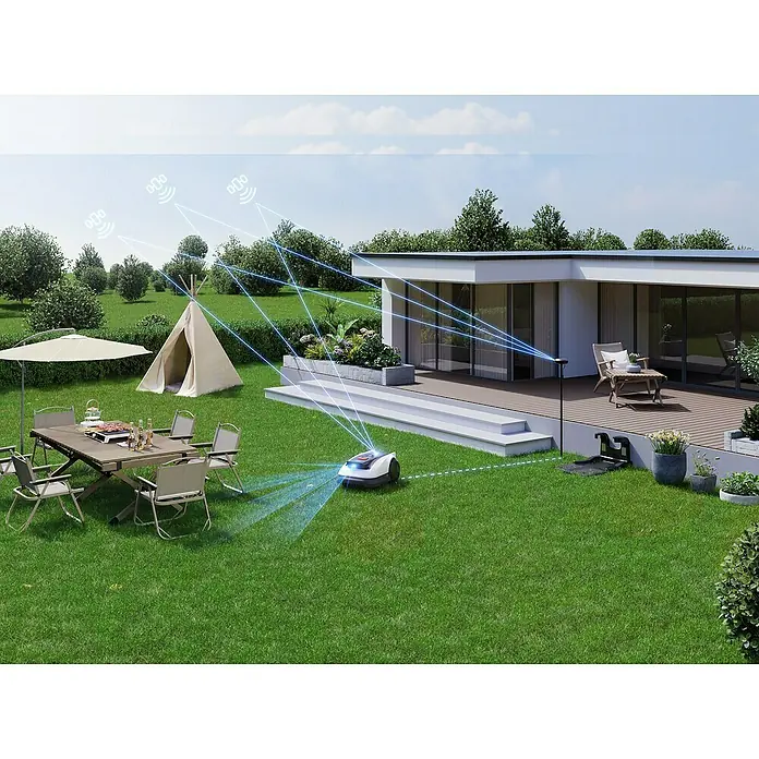 Ecovacs Goat Mähroboter O800 RTK - 800 m², Schnittbreite: 22 cm, Satellitengestützte Navigation, RTK - Bild einer Rasenmähroboter-Szene. Der Mähroboter mäht einen grünen Rasen mit einem modernen Haus im Hintergrund.