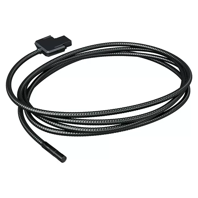 Bosch Professional Kamerakopf GIC 4/5 Imager - Länge: 350 cm - Schwarzes flexibles Inspektionskamerakabel, aufgerollt, mit Stecker und kleinem Kamerakopf.