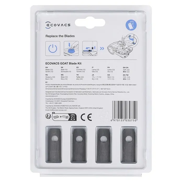 Ecovacs Goat Ersatzmesser-Set für Mähroboter MBK120001 - GOAT G1-, GX, A- und O-Familie - ECOVACS GOAT Blade Kit: Ersatzklingen für Rasenmähroboter mit Schrauben, 12 Stück. Praktisch und effizient für perfekten Rasenschnitt.