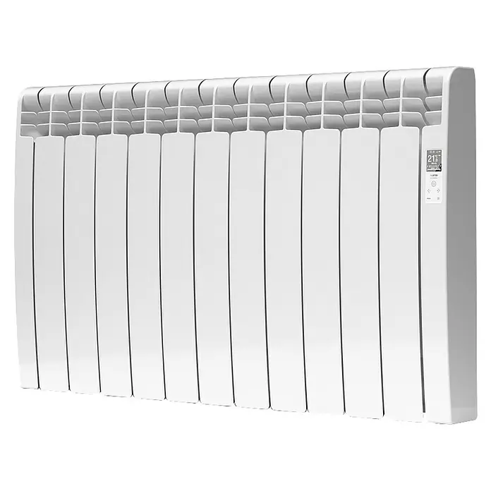 Rointe Emisor térmico Delta - 1.210 W, Blanco, 9,7 x 99,3 x 58,5 cm, Fluido - Un radiador blanco con pantalla digital que muestra 21,5 grados Celsius. El calefactor tiene un diseño moderno y eficiente.