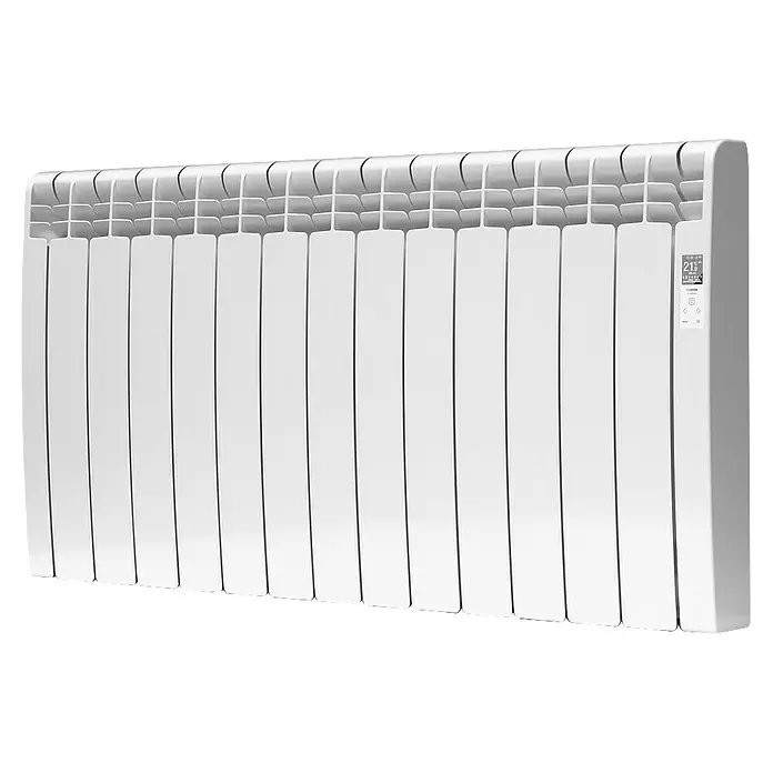 Rointe Emisor térmico Delta - 1.430 W, Blanco, 9,7 x 116 x 58,5 cm, Fluido - Primer plano de un radiador blanco moderno con control digital para una regulación precisa de la temperatura y eficiencia energética.