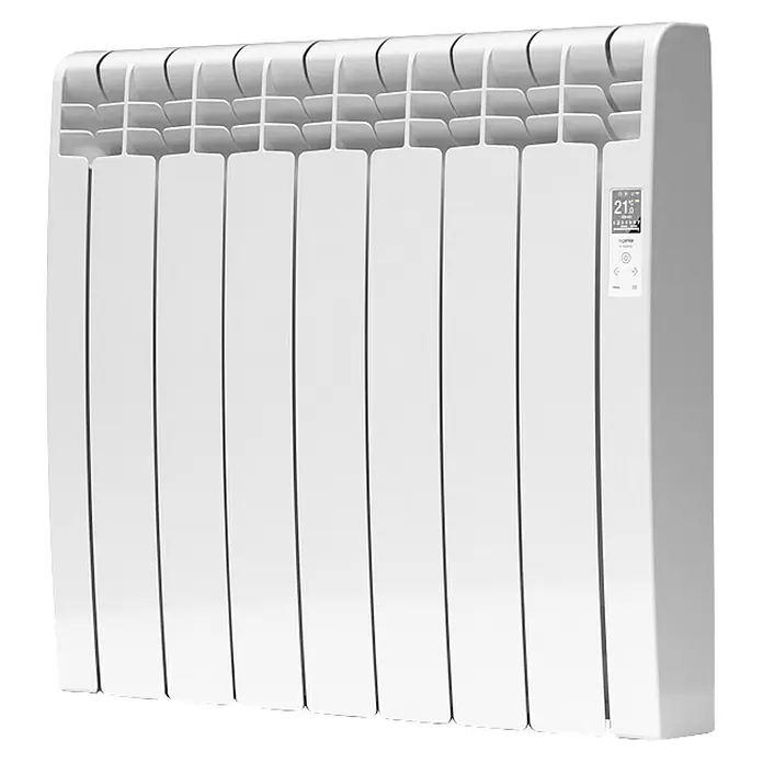 Rointe Emisor térmico Delta - 770 W, Blanco, 9,7 x 67,5 x 58,5 cm, Fluido - Primer plano de un radiador blanco con pantalla digital.