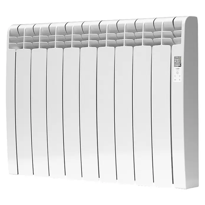 Rointe Emisor térmico Delta - 990 W, Blanco, 9,7 x 83,5 x 58,5 cm, Fluido - Primer plano de un radiador eléctrico blanco con pantalla digital, prometiendo calor y confort.