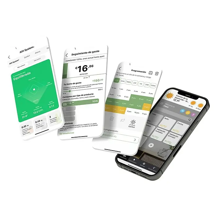 Rointe Emisor térmico Delta - 770 W, Blanco, 9,7 x 67,5 x 58,5 cm, Fluido - Capturas de pantalla de la app de gestión energética que muestran análisis de uso, control de costes y domótica.