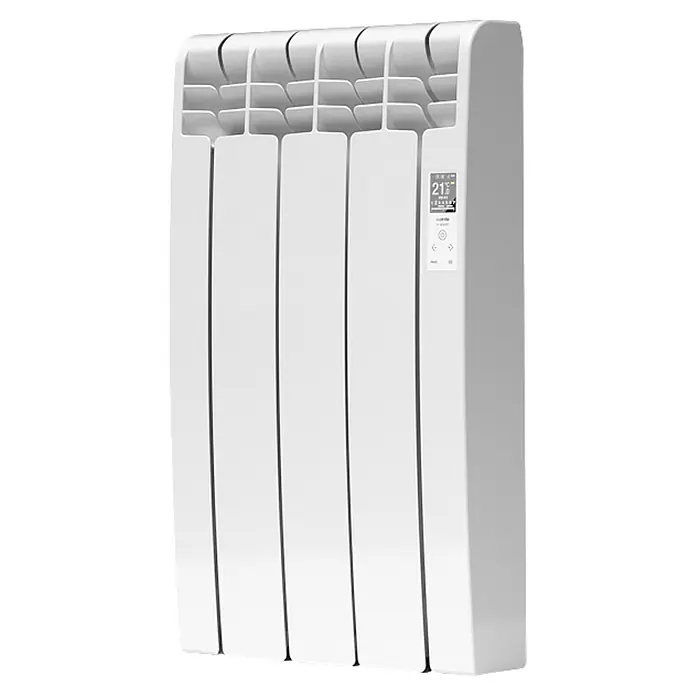 Rointe Emisor térmico Delta - 330 W, Blanco, 9,7 x 35 x 58,5 cm, Fluido - Primer plano de un radiador blanco con pantalla digital que muestra la temperatura.