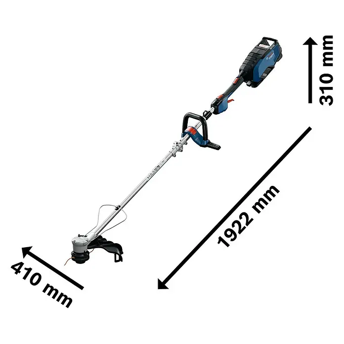 Bosch Professional AMPShare 18V Akku-Rasentrimmer GRT 18V-40 - 18 V, Ohne Akku, Schnittbreite Faden: 40 cm - Produktdarstellung des Bosch Akku-Rasentrimmers mit den Maßen 310 mm Höhe, 410 mm Breite und 1922 mm Länge.