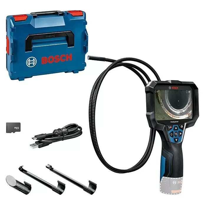 Bosch Professional Inspektionskamera GIC 12V-5-27 C - 12 V, Ohne Akku, Akkubetrieben - Bosch Inspektionskamera-Kit: schwarzes Gerät, flexibler Schlauch, blauer Koffer, USB-Kabel, microSD, Aufsätze. Zeigt Rohrbild.