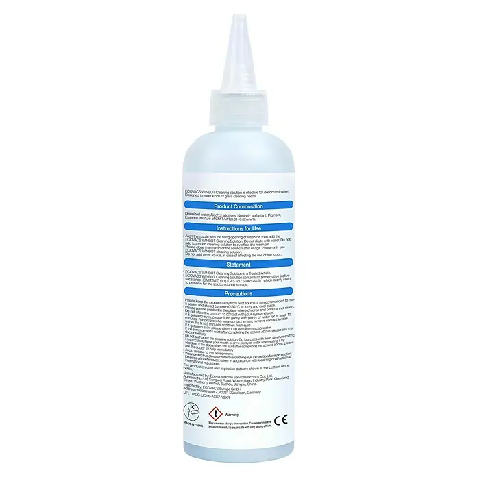 Ecovacs Fensterreinigungsroboter Winbot W2 Pro Omni SET - Tankvolumen: 60 ml, Akkulaufzeit: 110 min, Inkl. 230 ml Ecovacs Winbot Cleaning Solution - Flasche ECOVACS WINBOT Reinigungslösung, speziell für die Dekontamination und Glasreinigung entwickelt, mit wichtigen Produktinformationen und Warnhinweisen.