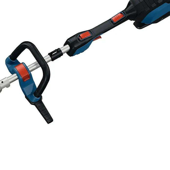 Bosch Professional AMPShare 18V Akku-Rasentrimmer GRT 18V-40 - 18 V, Ohne Akku, Schnittbreite Faden: 40 cm - Detailaufnahme eines Heckenschneiders mit blau-schwarzem Griff und roten Bedienelementen. Ideal für den Garteneinsatz.