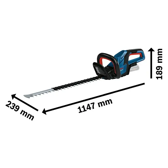 Bosch Professional AMPShare 18V Akku-Heckenschere GHE 18V-60 II - 18 V, Ohne Akku, Schwertlänge: 60 cm - Abbildung einer Bosch Professional Akku-Heckenschere mit den Maßen 1147 mm Länge, 239 mm Breite und 189 mm Höhe.