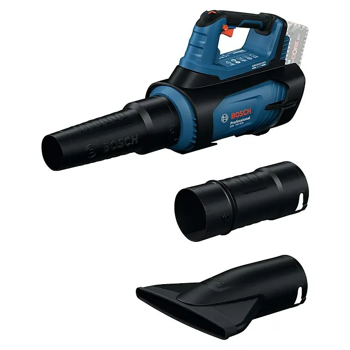 Bosch Professional AMPShare 18V Akku-Laubbläser GBL 18V-800 - 18 V, Ohne Akku, Blasgeschwindigkeit: 200 km/h, Blasleistung: 800 m³/h, Länge: 85,5 cm - Das Bosch GBL 18V-800 Akku-Gebläse mit verschiedenen Düsenaufsätzen für vielseitige Anwendungen.