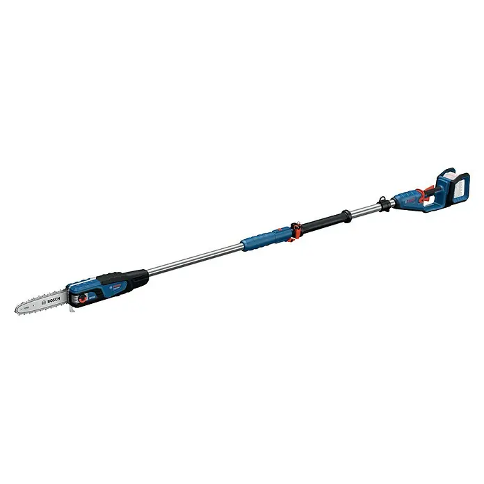 Bosch Professional AMPShare 18V Akku-Hochentaster GKE 18V-25 TP - 18 V, Ohne Akku, Schwertlänge: 25 cm - Das Bild zeigt eine Bosch Hochentaster, ein Werkzeug zum Beschneiden von Bäumen und Sträuchern in der Höhe, mit Akku und Teleskopstiel.