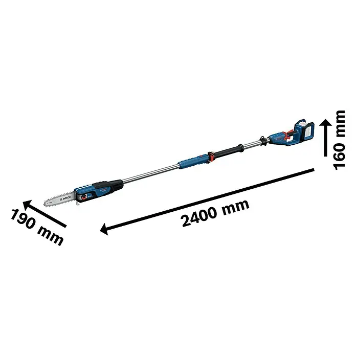 Bosch Professional AMPShare 18V Akku-Hochentaster GKE 18V-25 TP - 18 V, Ohne Akku, Schwertlänge: 25 cm - Das Bild zeigt eine Bosch Hochentaster mit den Maßen 2400 mm Länge, 190 mm Breite des Schneidkopfes und 160 mm Höhe des Akkubereichs.