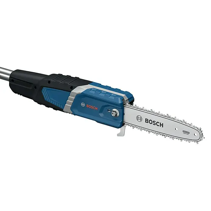 Bosch Professional AMPShare 18V Akku-Hochentaster GKE 18V-25 TP - 18 V, Ohne Akku, Schwertlänge: 25 cm - Akku-Hochentaster UniversalChainPole 18 von Bosch mit blau-schwarzem Gehäuse und Kettensäge für Gartenarbeiten im Außenbereich.