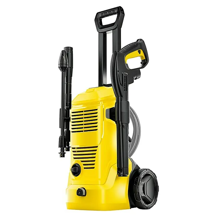 Kärcher Hochdruckreiniger K 4 Pure Flex Home - 1.800 W, Max. Druck: 130 bar, Fördermenge: 420 l/h - Abbildung eines gelben Hochdruckreinigers von Kärcher mit schwarzem Griff und Zubehör. Das Gerät steht vor einem schwarzen Hintergrund.