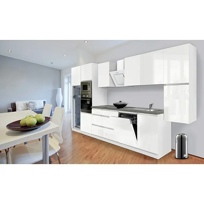 Respekta Premium Küchenzeile Lorena - Breite: 395 cm, Weiß, Hochglänzend, Dekor Arbeitsplatte: Steinoptik, Mit Elektrogeräten - Bild eines modernen, weißen Küchendesigns mit glänzenden Schränken, integrierten Geräten und einer stilvollen Mülltonne.