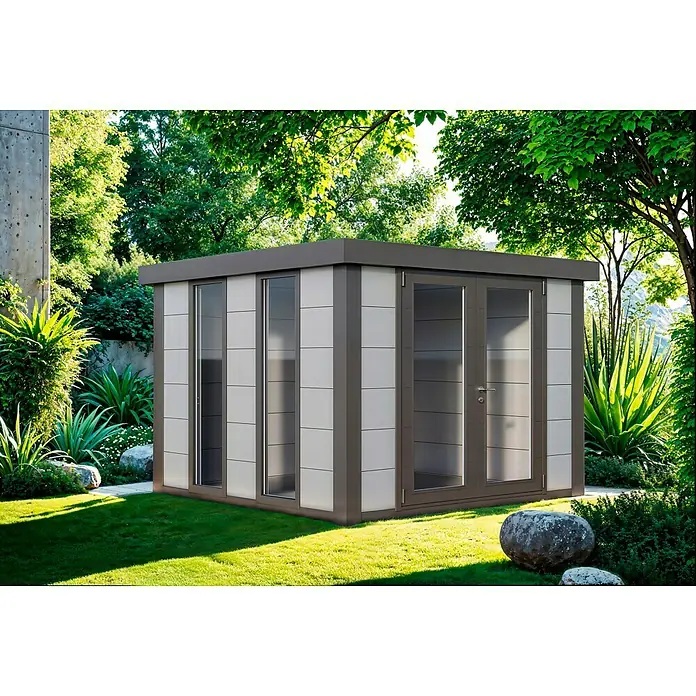 Telluria Gartenhaus Luminato 3030 - Außenmaß inkl. Dachüberstand (B x T): 318 x 318 cm, Stahl, Lichtgrau/Anthrazit, Ohne Set - Eine moderne Gartenlaube mit großen Fenstern und einem Flachdach fügt sich nahtlos in die grüne Umgebung ein und bietet einen stilvollen Rückzugsort.