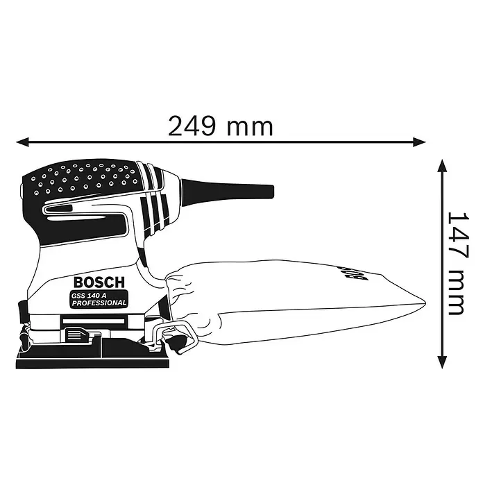 Bosch Professional Elektro-Schwingschleifer GSS 140 A - Leerlaufschwingzahl: 28.000 U/min, Durchmesser Schwingkreis: 1,5 mm - Schwarz-weiße Umrisszeichnung eines Bosch GSS 140 A Professional Schwingschleifers mit Staubbeutel und Abmessungen: 249x147 mm.